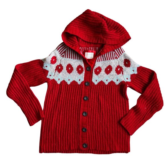Old Navy Fair Isle Hooded Cardigan Sweater Women XL Wool Blend Y2K Hong Kong Red - Picture 1 of 7